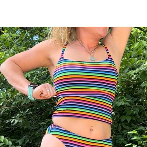 Vintage 90s Catalina neon rainbow stripe tankini top SMALL - Picture 1 of 8